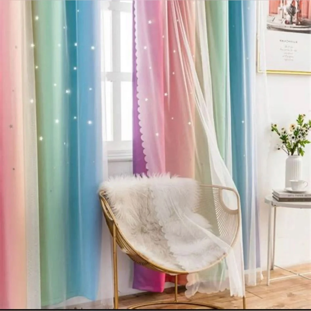 Rainbow Curtains With Colorful Star Cut-Out And Room Darkening